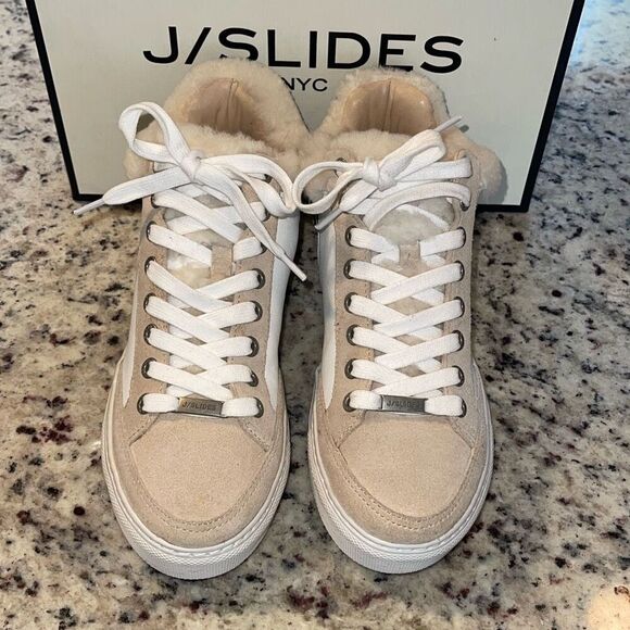 J/Slides Leslie Sheep‎ Hair Trimmed Leather Sneaker Shoes Size 6 Tan White - Picture 4 of 11